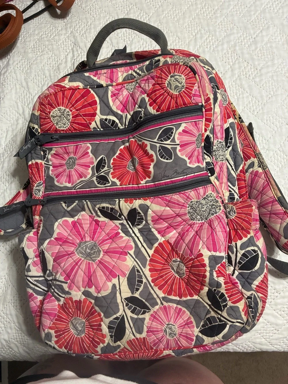 Vera Bradley Pink and Red Floral Quilted Backpack with Gray Accents